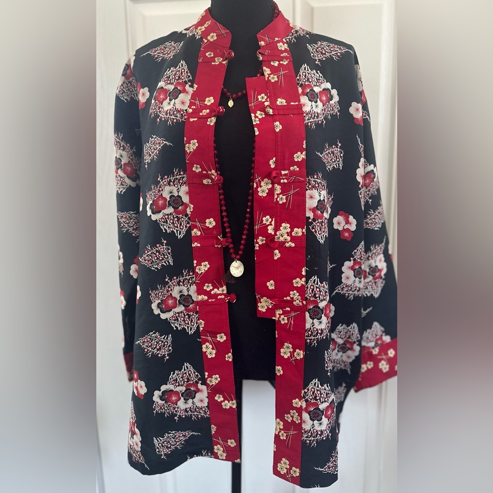 Chico’s Mandarin Floral Black and Red Women's Jacket, Chico’s Size 1
